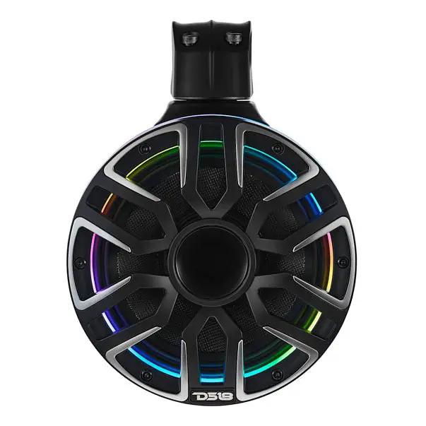 Black DS18 tower speaker with illuminated grille trim, front view