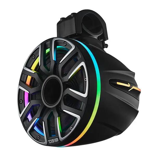 Black DS18 tower speaker angled to show its right side, silver grille accents and multicolor lighting