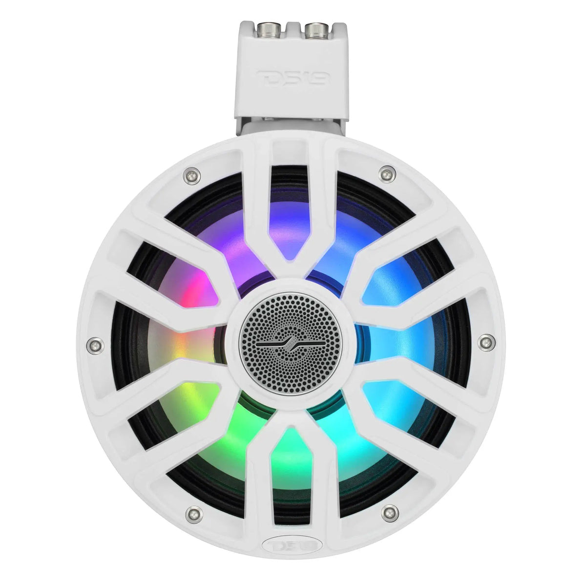 Front view of a white DS18 tower speaker with multicolor lighting and an upper mounting clamp