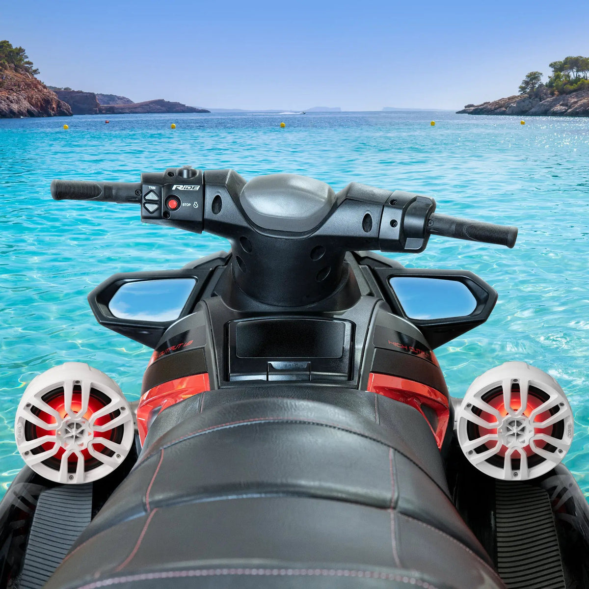 White pod speakers with red lighting mounted on either side of a personal watercraft seat