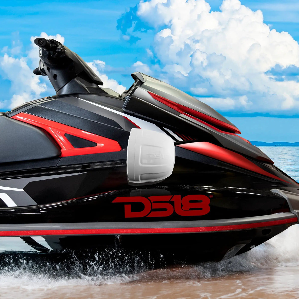 Side view of a white speaker pod installed on a red and black DS18-branded personal watercraft