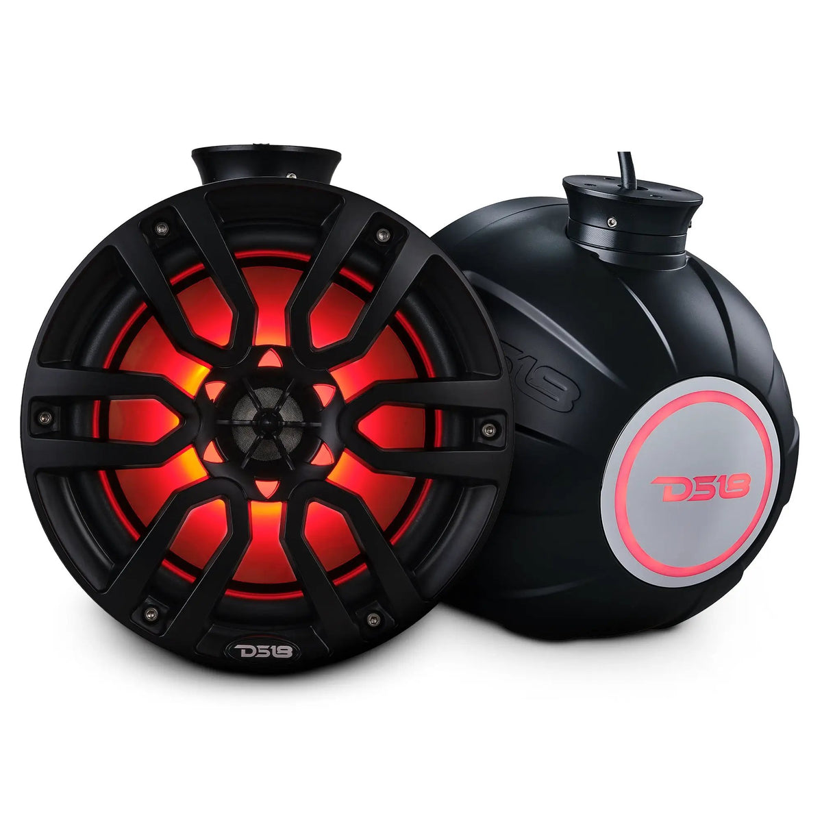 Two black DS18 speaker pods shown from the front and rear with red illuminated grille and logo badge