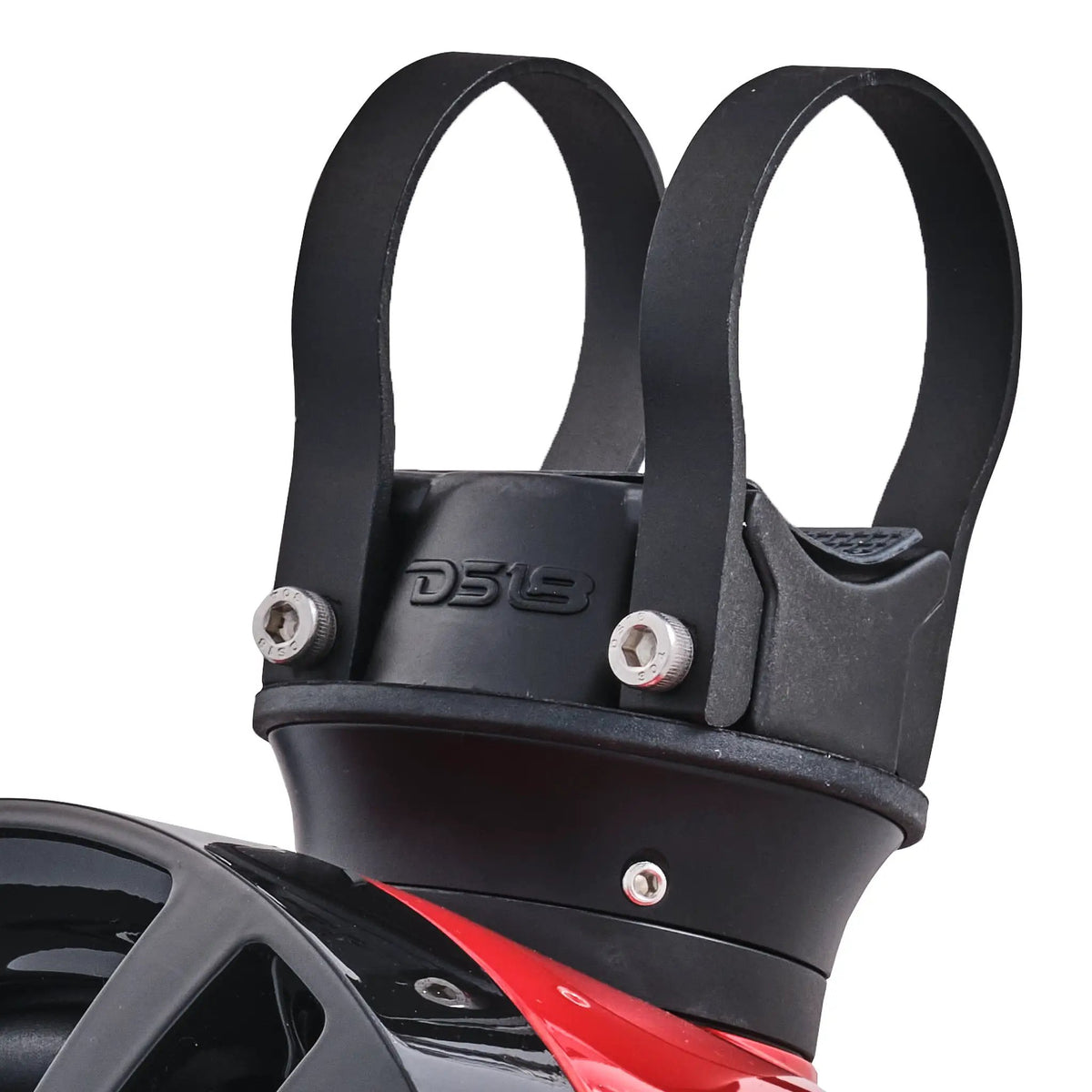 Close-up of a DS18 speaker pod's black twin-loop mounting clamp and bolts