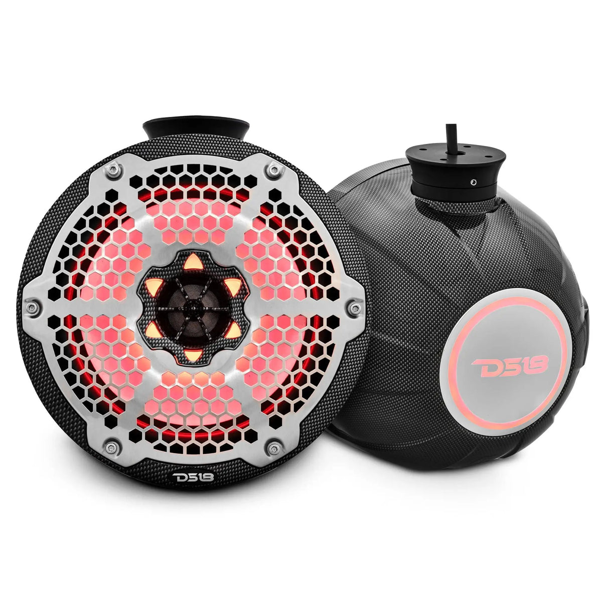 Two dark patterned DS18 speaker pods with a silver honeycomb grille and red illuminated rear logo badge