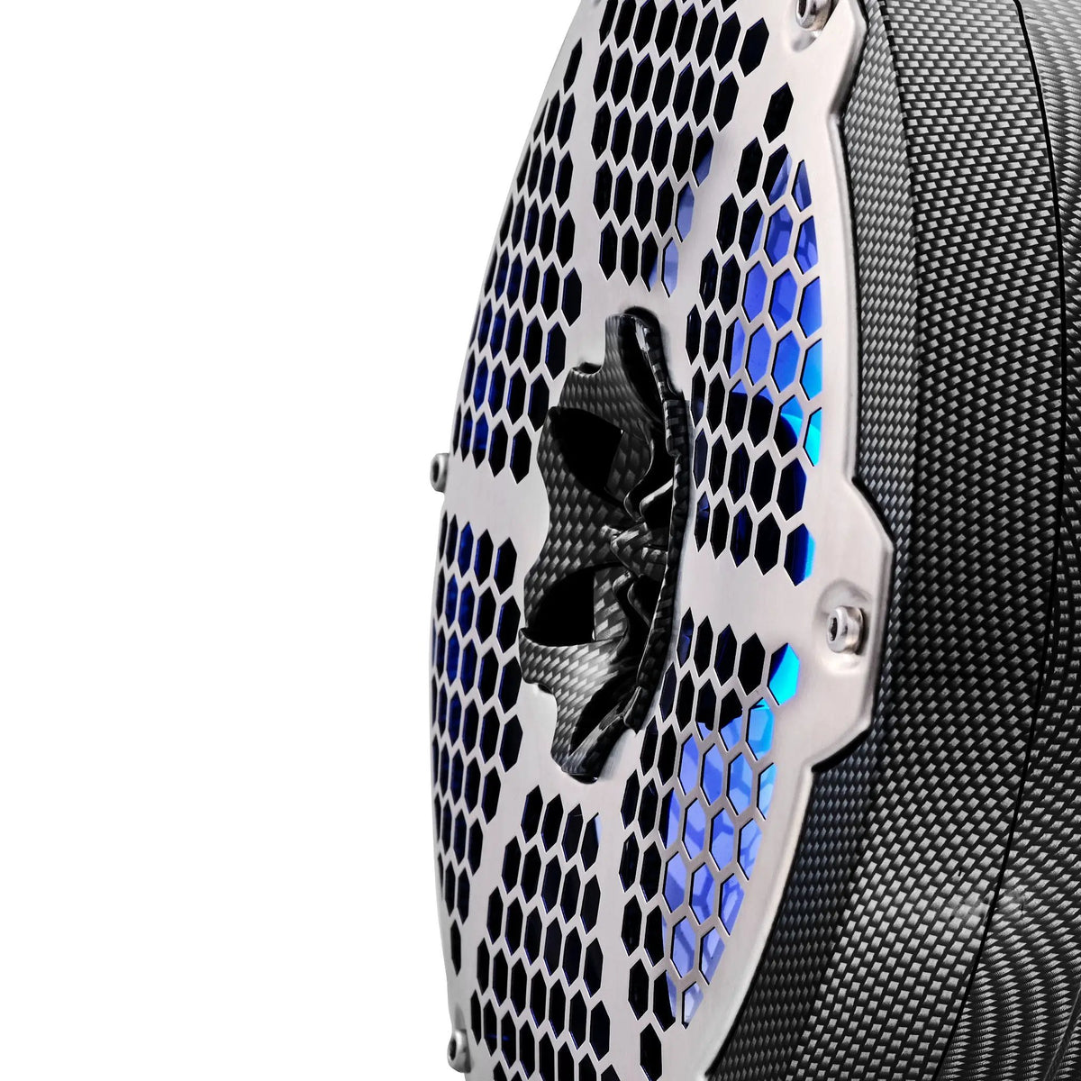 Close-up of a carbon-fiber-pattern speaker's honeycomb grille and blue illumination