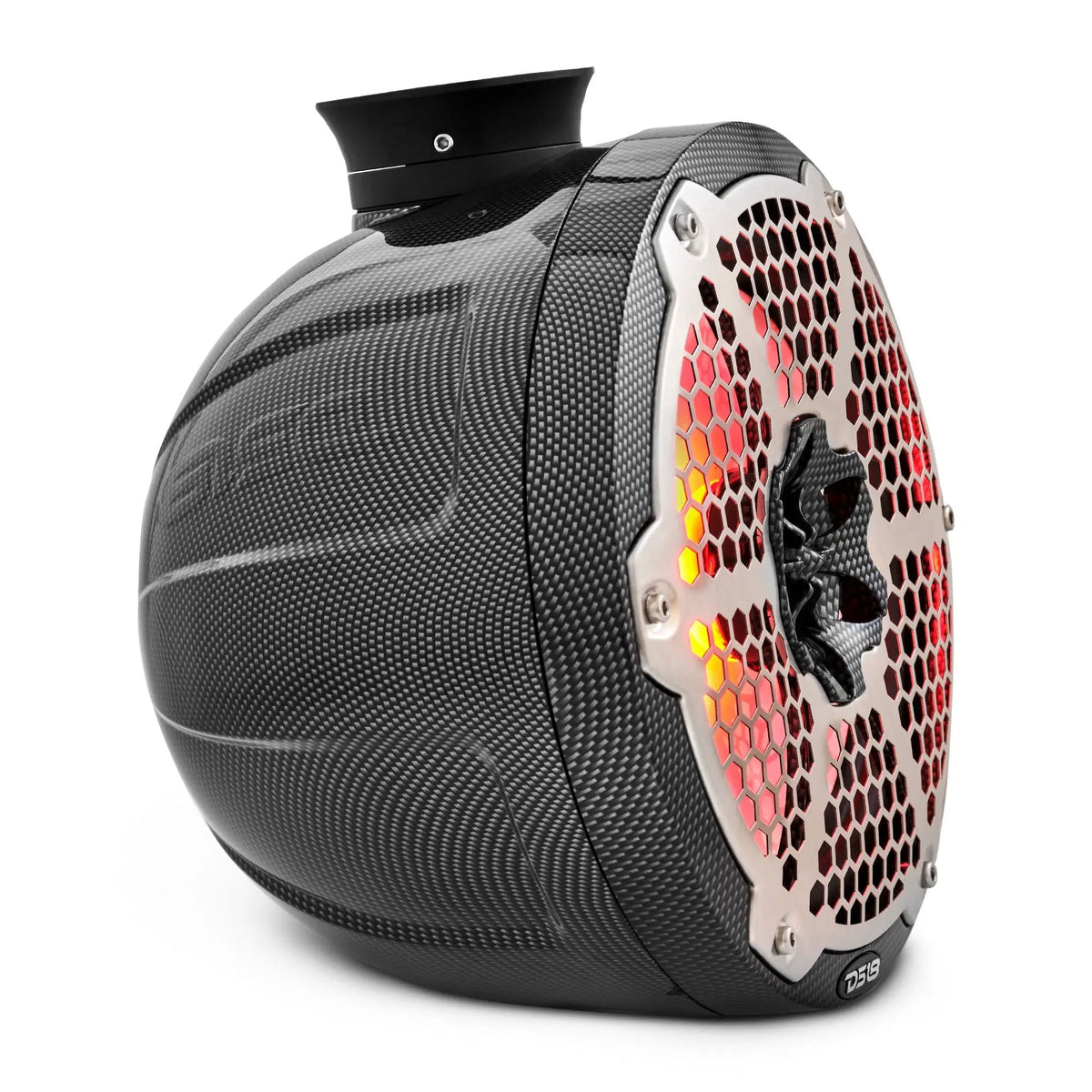Angled DS18 speaker pod with a carbon-fiber-pattern housing, silver honeycomb grille and orange illumination