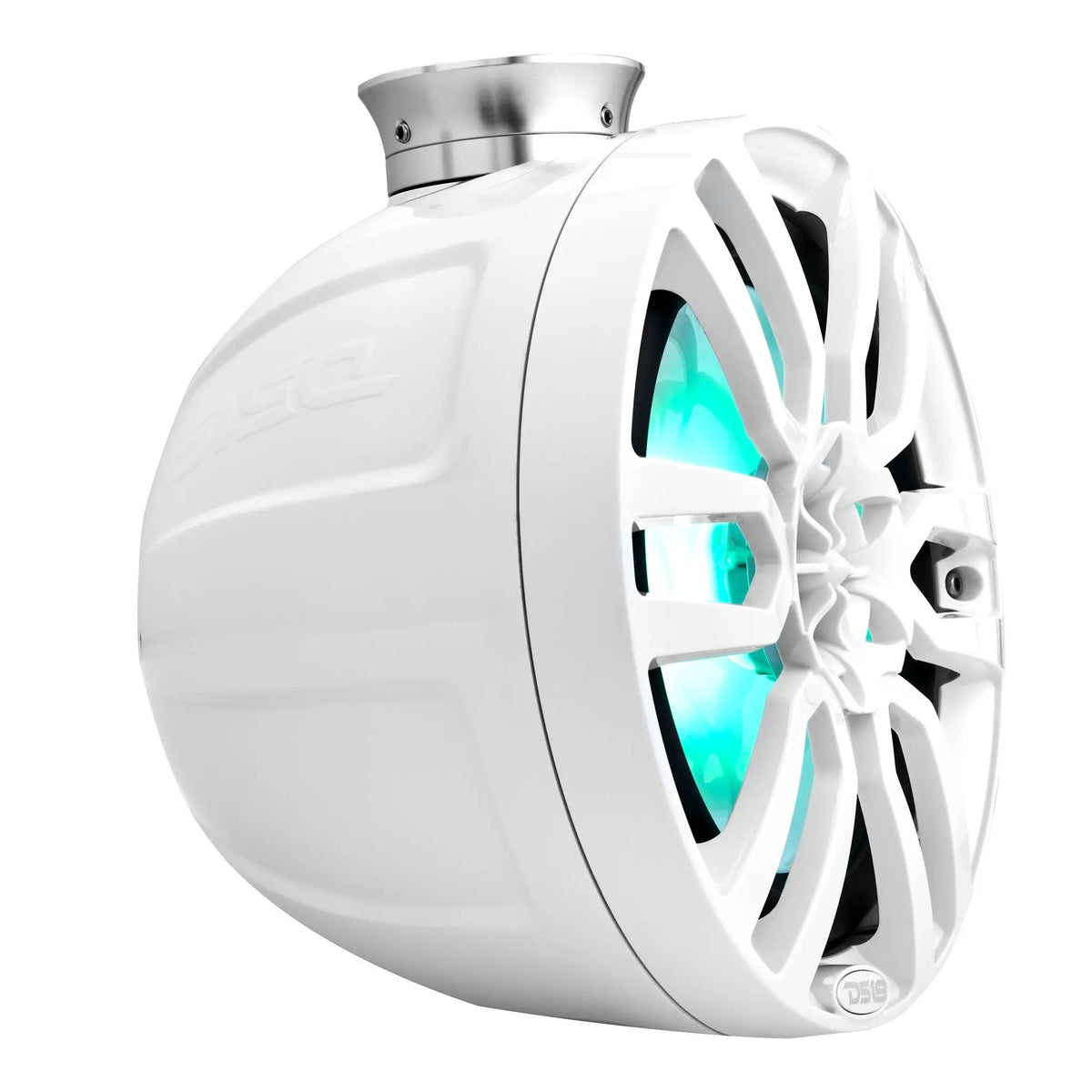Angled side view of a white DS18 pod speaker with a silver mounting base and cyan lighting behind its sculpted grille.