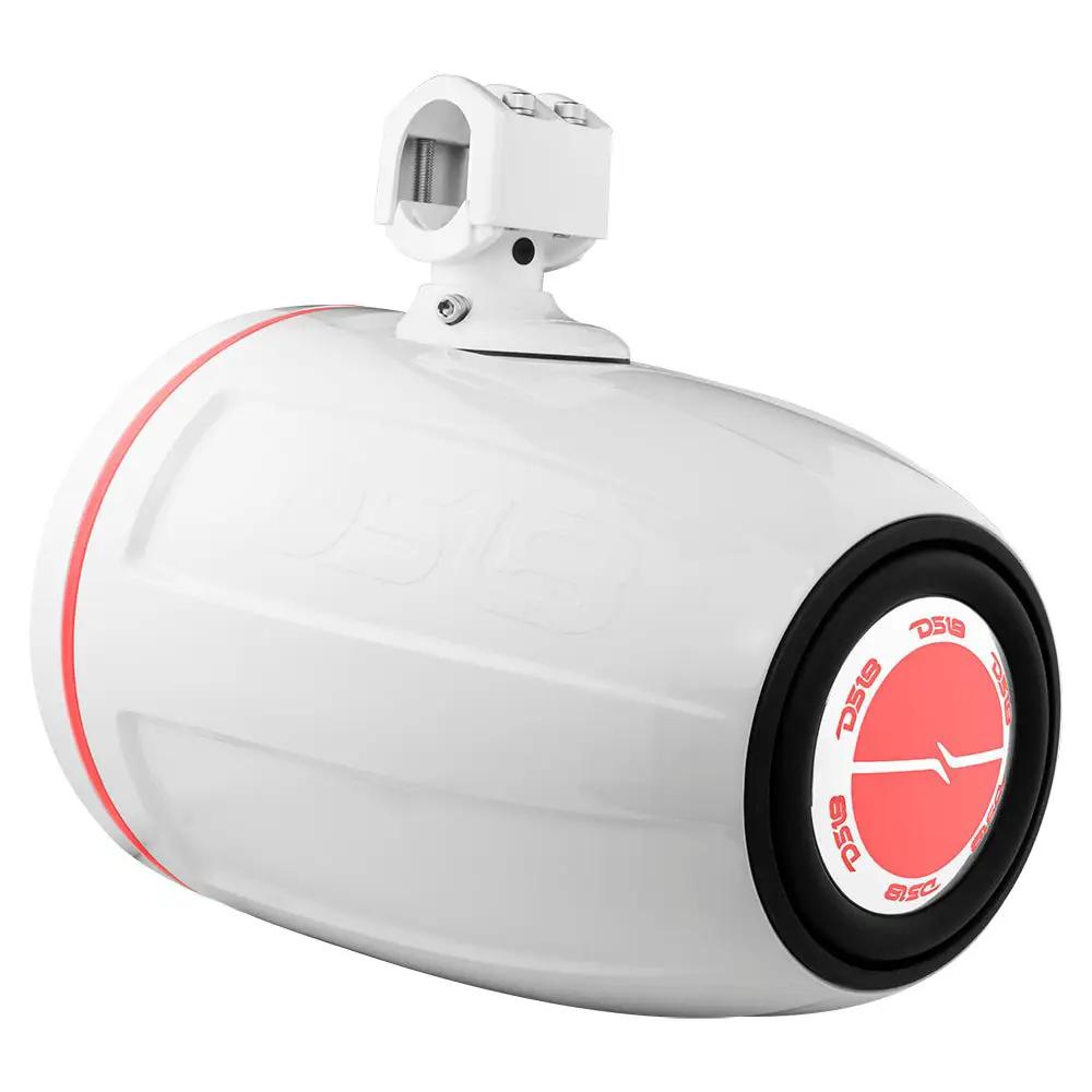 Rear three-quarter view of a white DS18 tower speaker with a clamp mount and red circular emblem