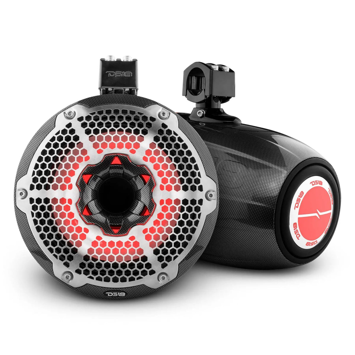 Carbon-fiber-patterned DS18 tower speakers shown from front and rear angles with red lighting