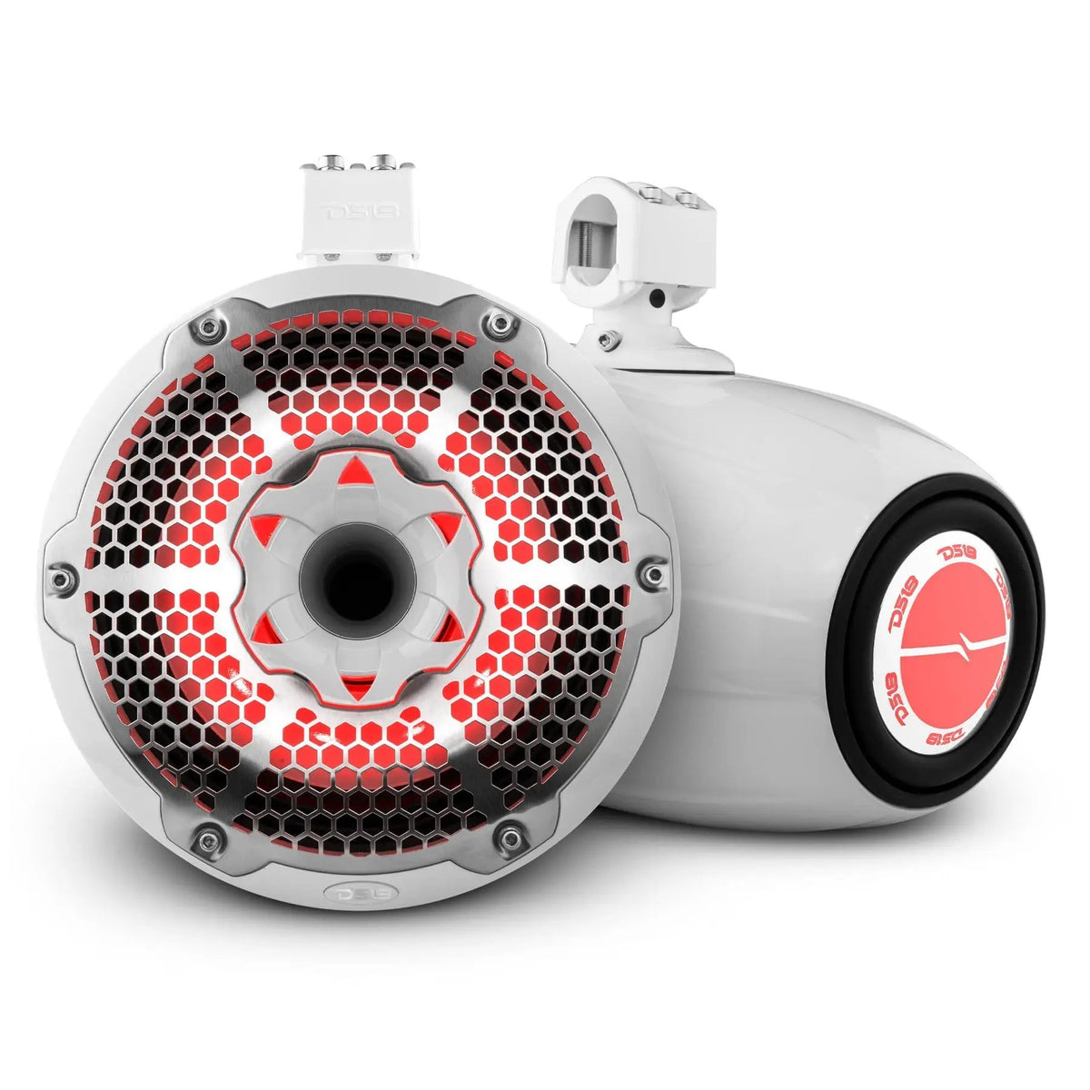 Two white DS18 clamp-mounted speaker pods with honeycomb grille, central horn and red illuminated rear badge