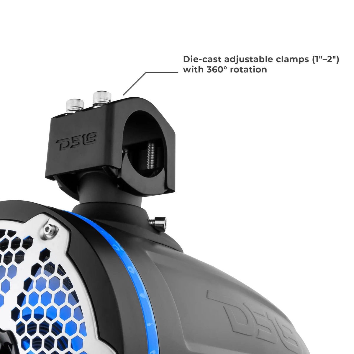 DS18 tower-speaker clamp diagram showing adjustment for 1- to 2-inch bars and 360-degree rotation