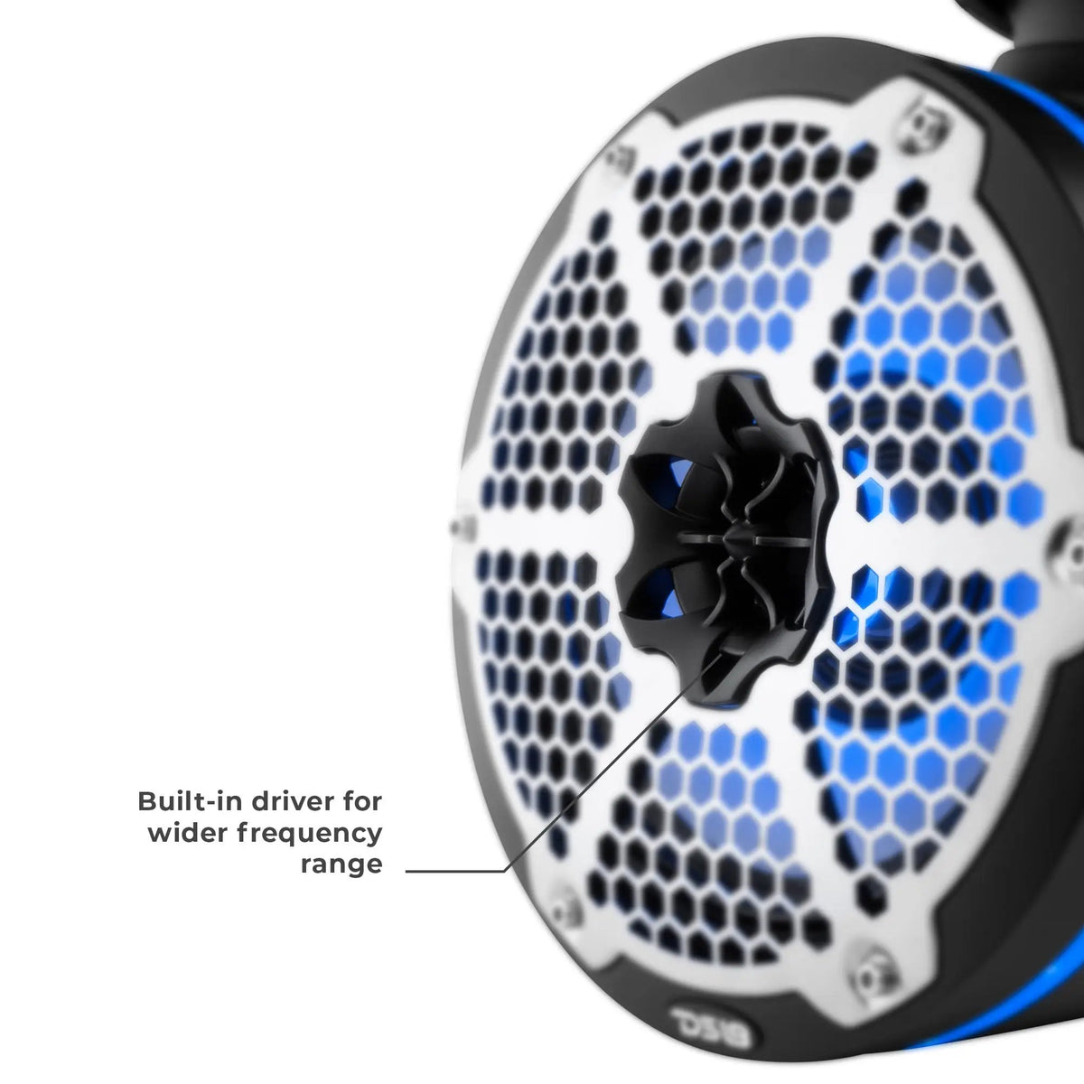 DS18 tower-speaker graphic highlighting a built-in central driver for a wider frequency range, behind a silver honeycomb grille with blue lighting