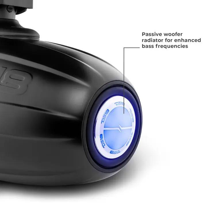 DS18 tower-speaker housing detail identifying the blue-lit rear passive radiator