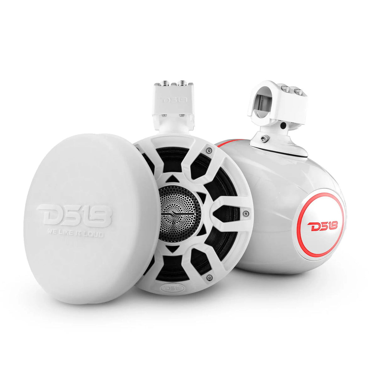 White DS18 clamp-mounted speaker pods with a multi-spoke grille, protective cover and red rear logo ring