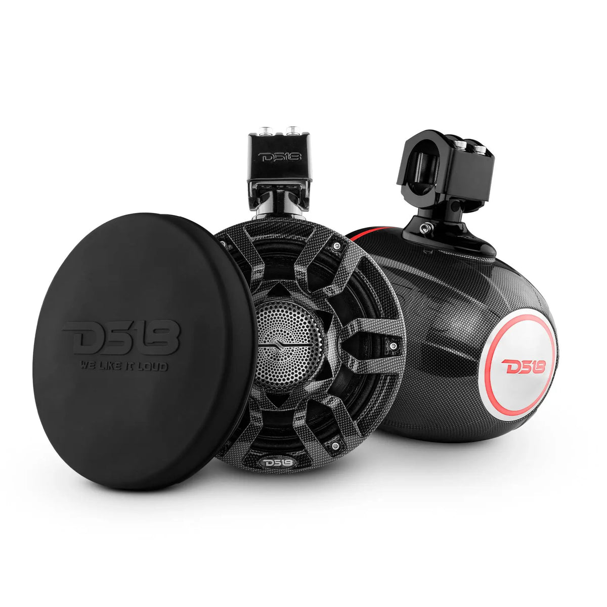 Carbon-fiber-patterned DS18 tower speakers shown from front and rear beside a black protective cover