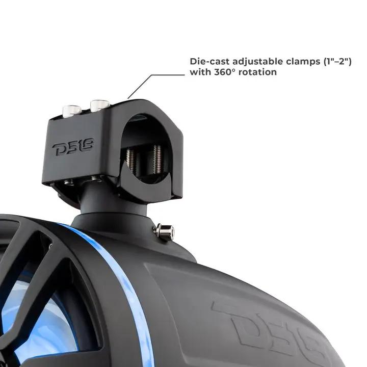 DS18 tower-speaker clamp graphic specifying 1–2-inch adjustment and 360-degree rotation