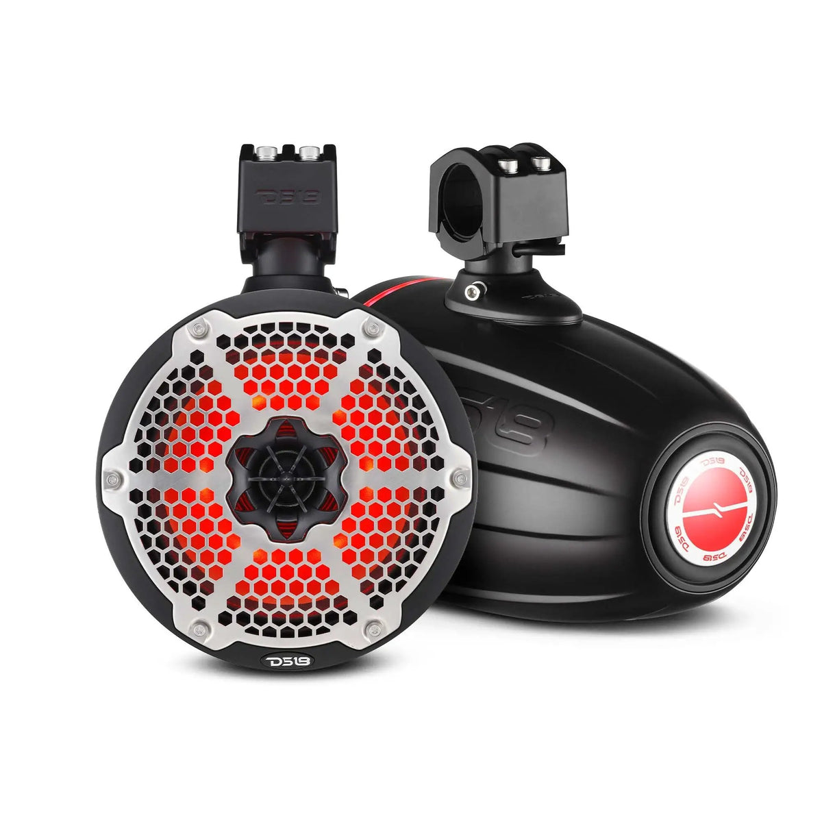 Black DS18 tower speakers shown from the front and rear with honeycomb grilles and red lighting