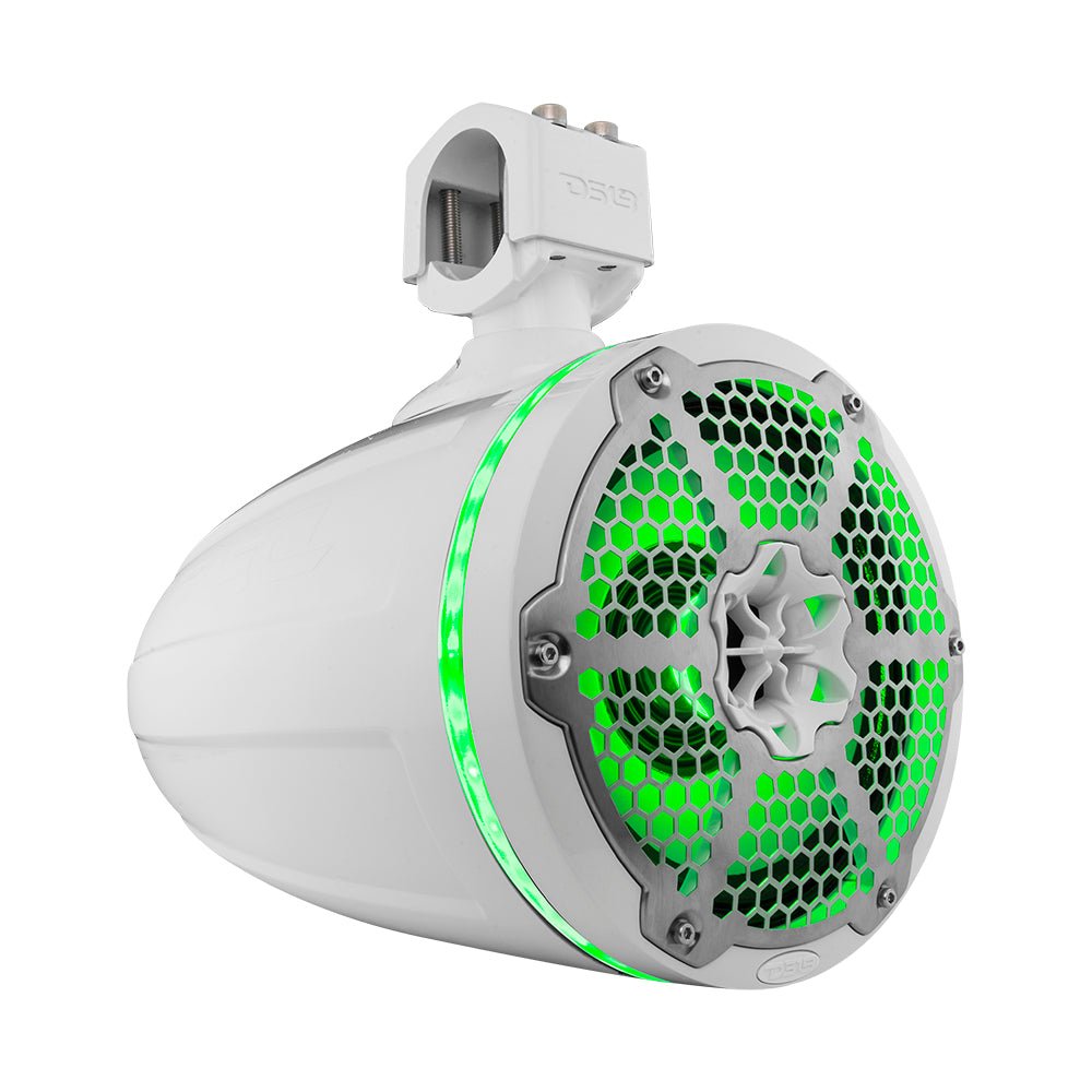 Angled front view of a white tower speaker with a silver honeycomb grille and green lighting