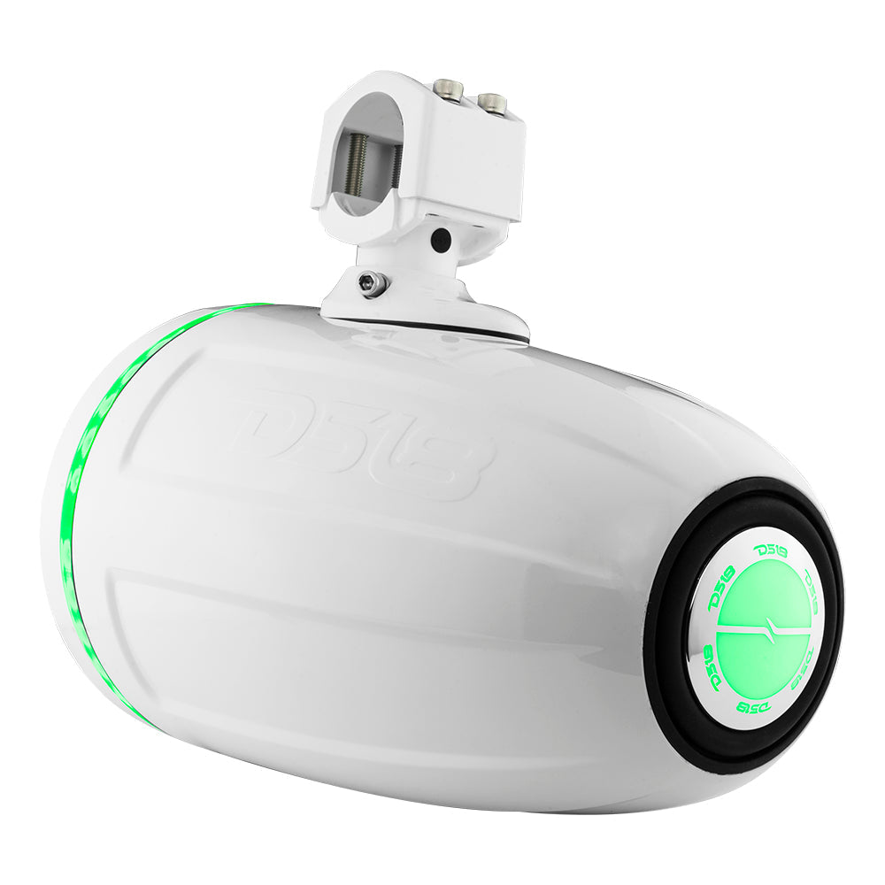 Rear three-quarter view of a white DS18 tower speaker with green illuminated accents and a mounting clamp