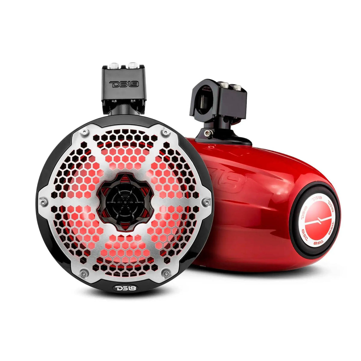 Red DS18 tower speakers shown from front and rear angles with red illuminated accents