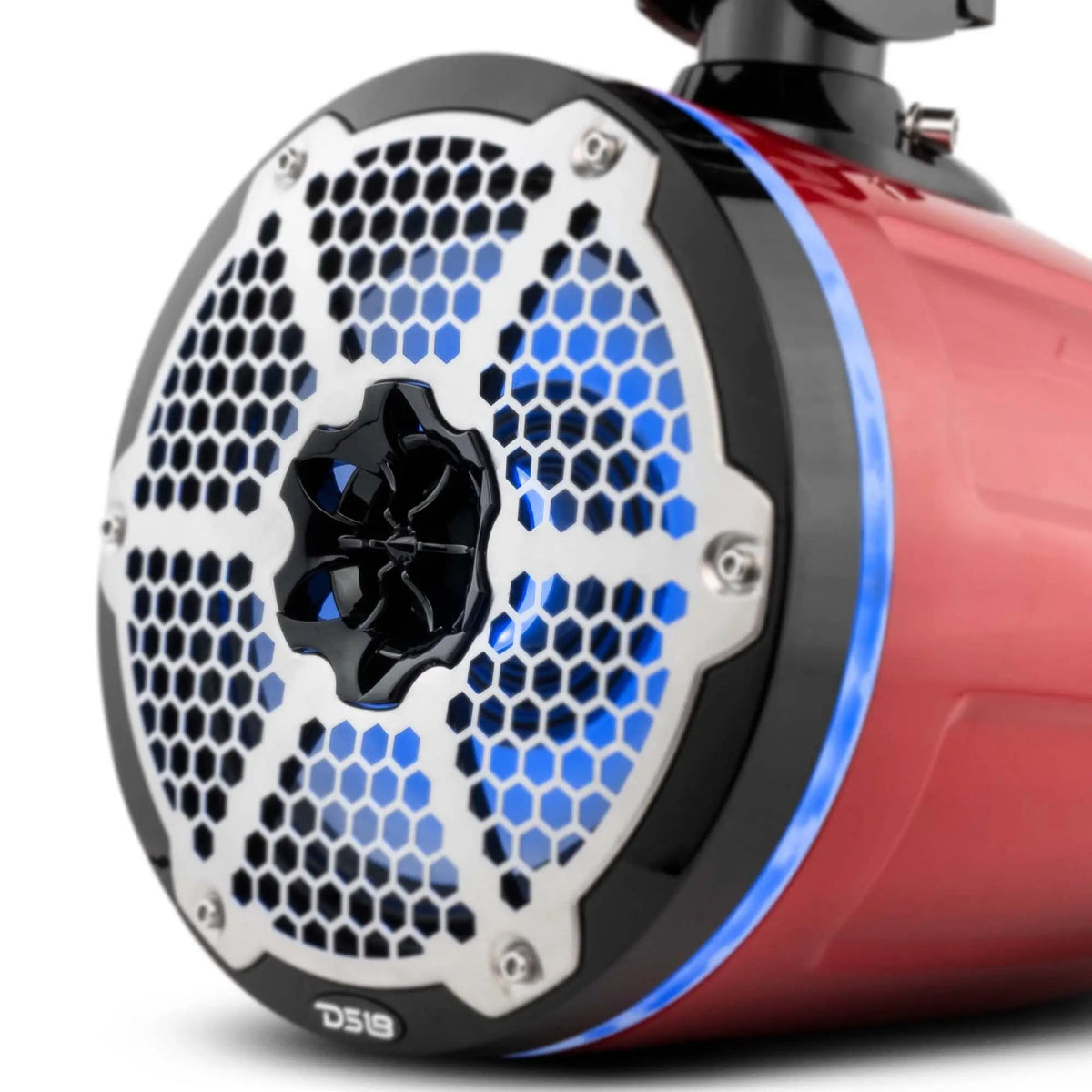 Close-up of a red DS18 tower speaker's silver honeycomb grille, central driver and blue lighting