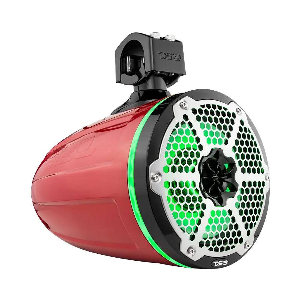 Angled front view of a red DS18 tower speaker with a silver honeycomb grille and green lighting