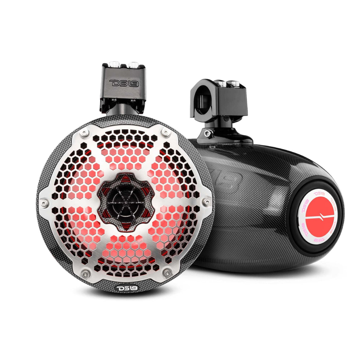 Two dark patterned DS18 clamp-mounted speaker pods with honeycomb grille, red illumination and a rear logo badge