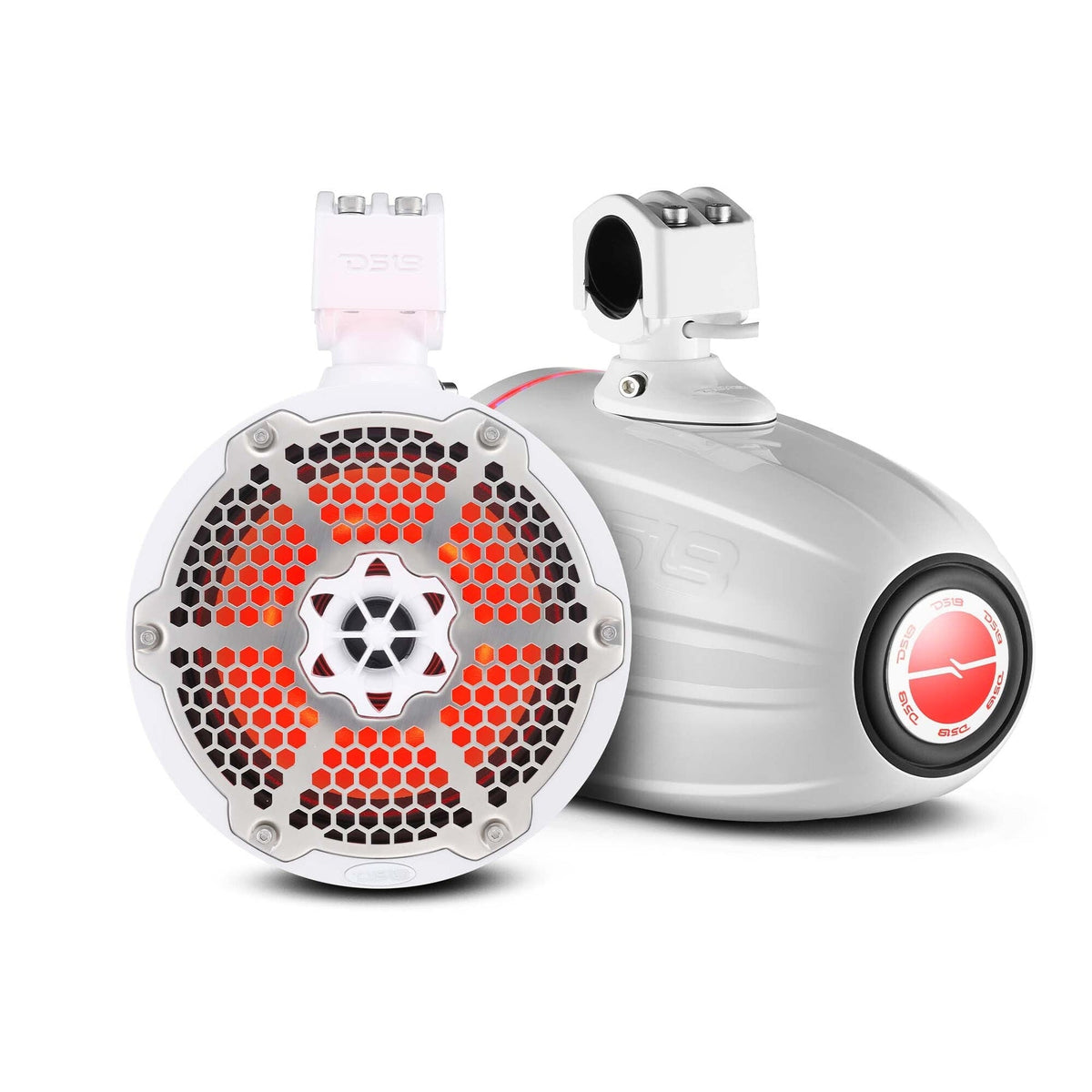 Two white clamp-mounted speaker pods with honeycomb grille, red illumination and a circular rear badge