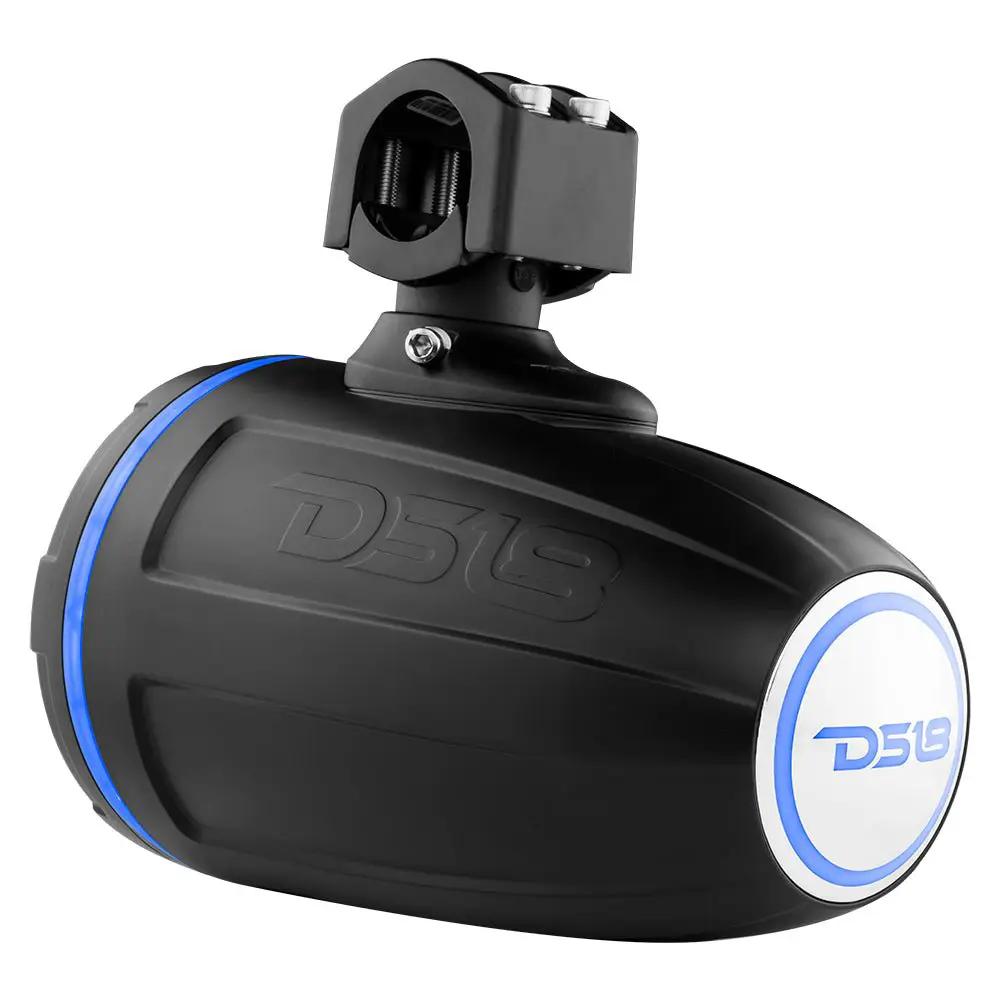 Rear angled view of a black DS18 tower speaker with a mounting clamp, blue light ring and illuminated rear emblem