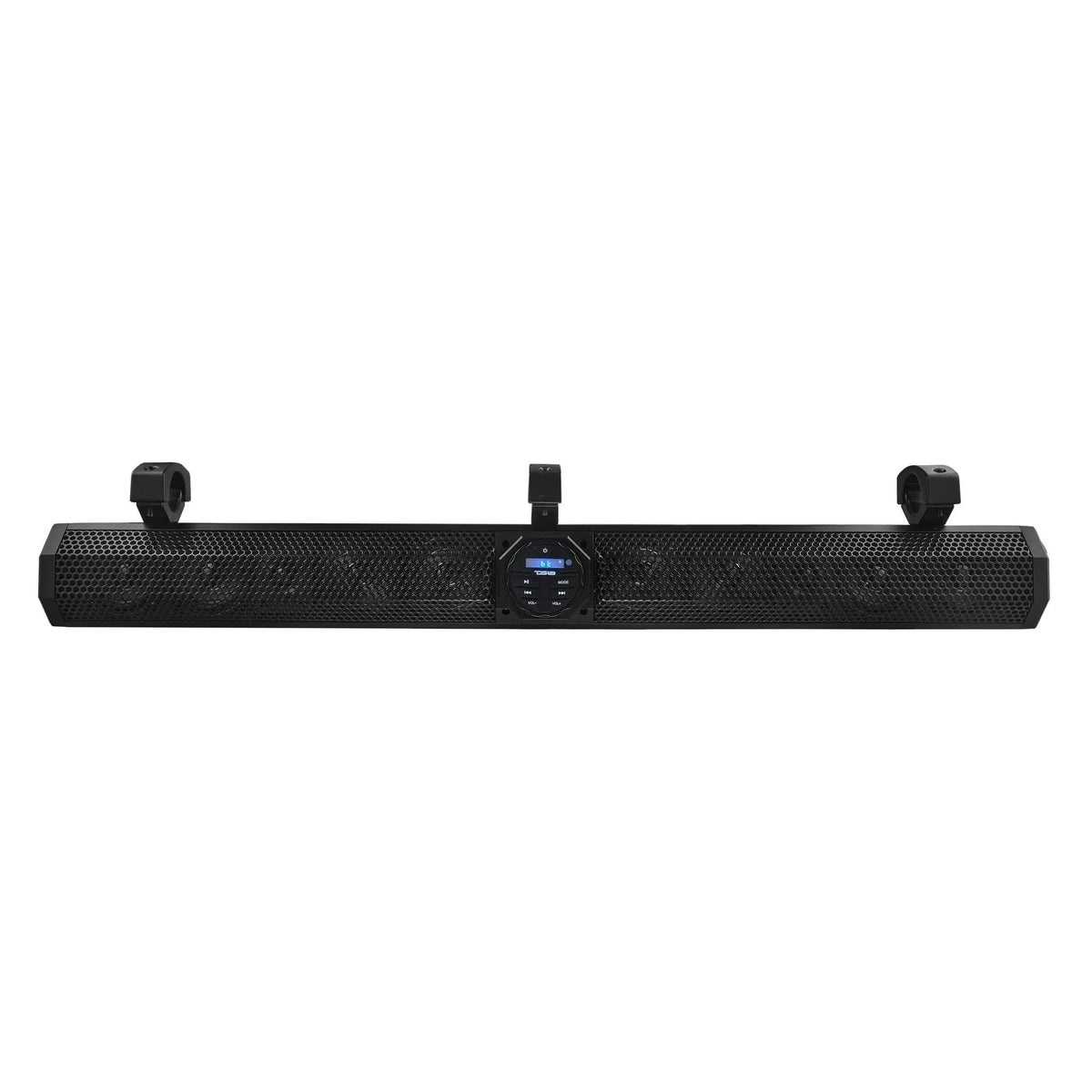Front view of a black mesh-grille soundbar with a central illuminated control panel and three mounting clamps