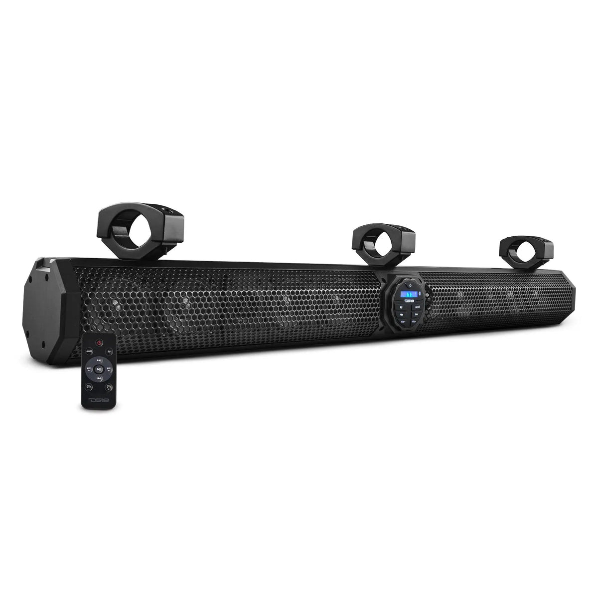 Black soundbar with central controls, three mounting clamps and a handheld remote