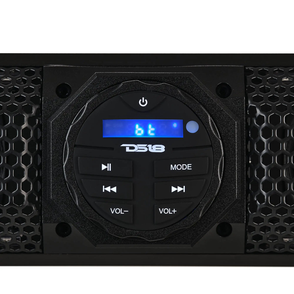 DS18 soundbar control panel showing Bluetooth mode, power, play/pause, track, mode and volume buttons