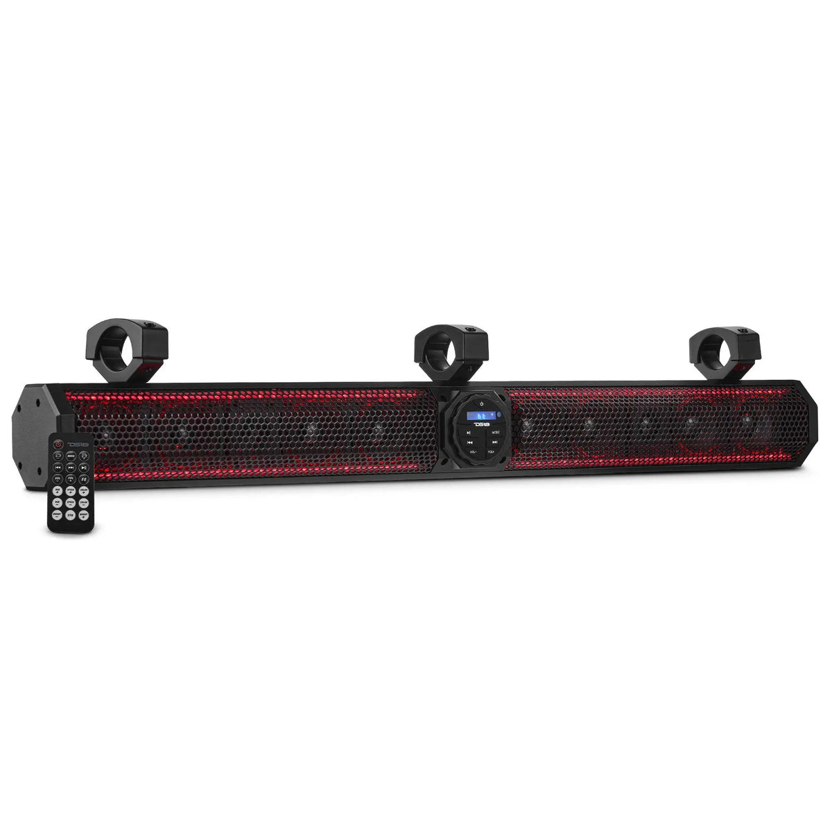 Black soundbar with red grille lighting, central controls, three mounting clamps and a remote