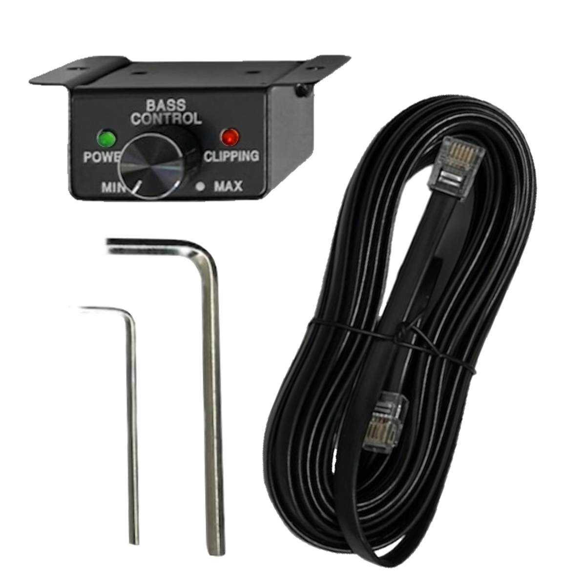 Elite Audio remote bass control with power and clipping indicators, coiled cable, and two hex keys