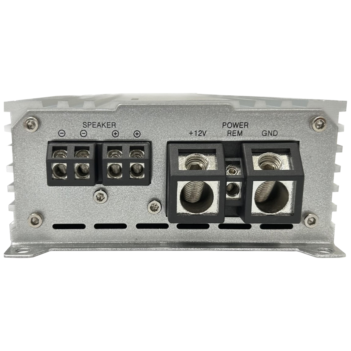 Elite Audio amplifier speaker and power terminal panel with screw connections.