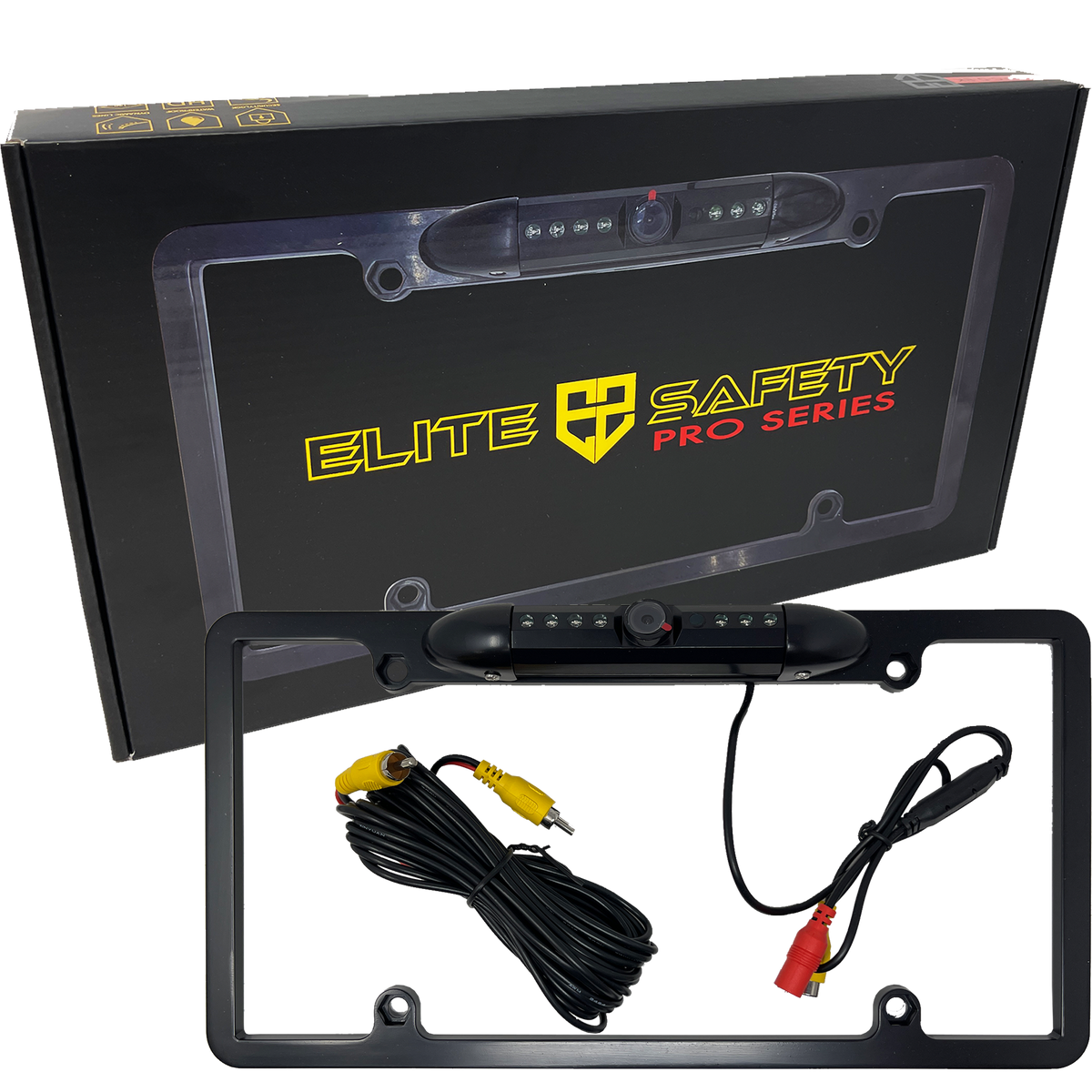 Elite Safety license-plate camera frame with LED lights, cable and retail box