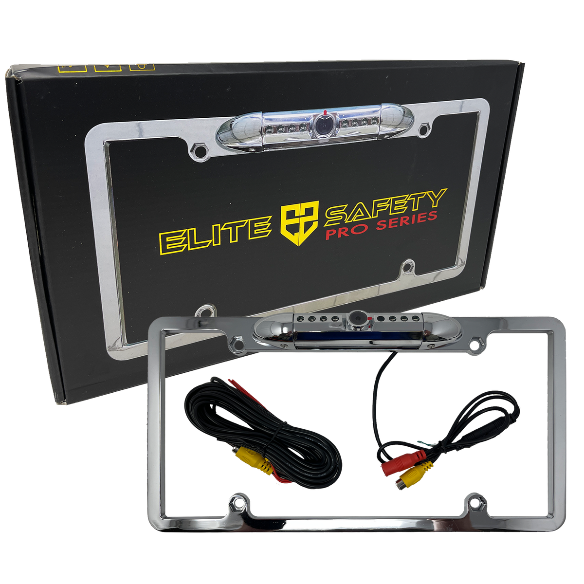 Elite Safety Pro chrome license-plate camera frame with cables beside its retail box