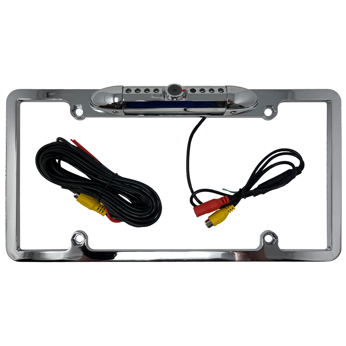 Chrome license-plate camera frame with central camera, lights and coiled video and power leads