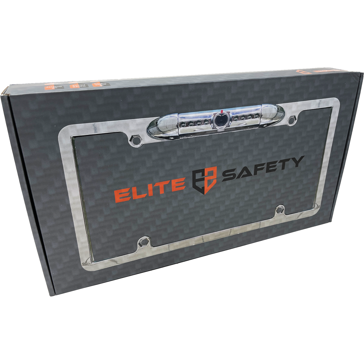 Elite Safety license-plate camera retail box showing a silver camera frame