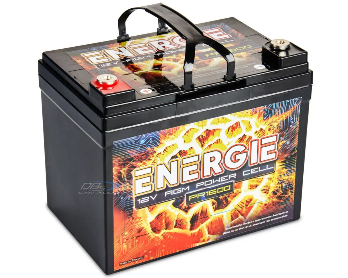 Angled view of an Energie PR1600 battery with a folding handle and two top terminals