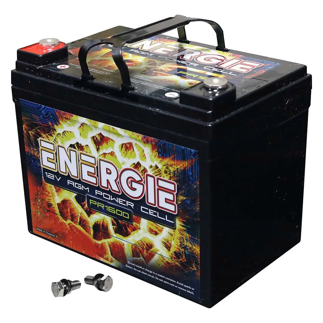 Energie PR1600 battery with a folding handle and two terminal bolts placed in front