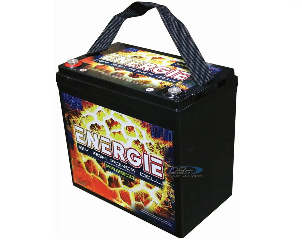 Angled view of an Energie PR2800 battery with a black carrying strap, top terminals and colorful front label