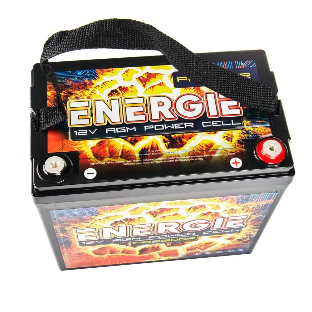 Top-angled view of an Energie AGM battery with carrying strap and positive and negative terminals