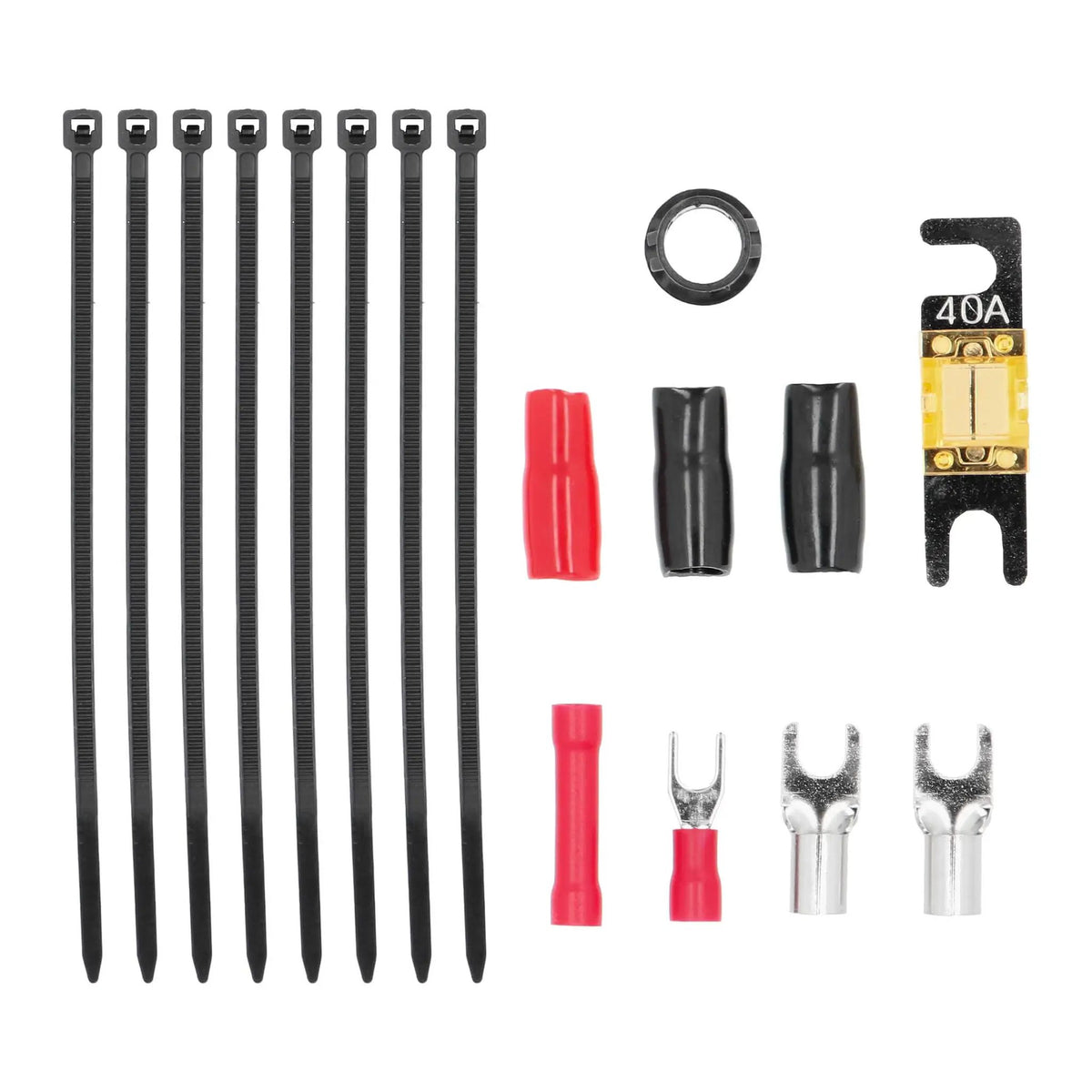 Wiring-kit accessories with a 40A fuse, cable ties, grommet, covers and terminals