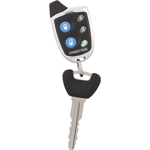 Prestige 105BP replacement remote attached to a vehicle key, angled view.