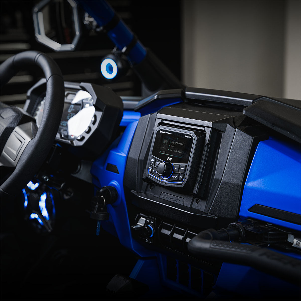 265-RZ6-PHZ6KL manufacturer-published installation reference showing JVC receiver in Polaris RZR dashboard