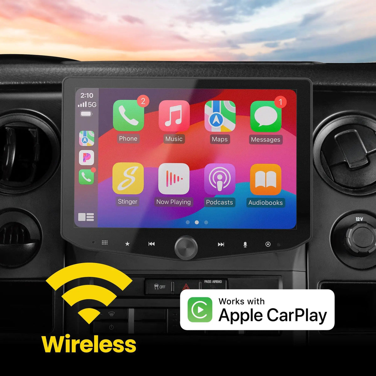 Installed Stinger touchscreen showing Apple CarPlay apps, with a graphic advertising wireless CarPlay