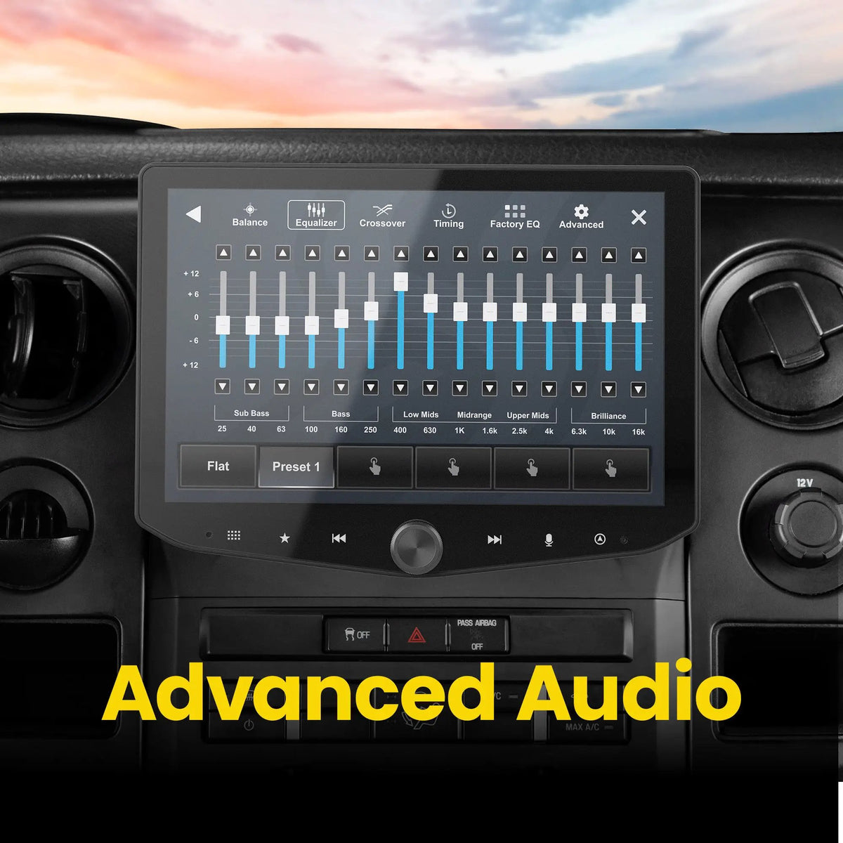 Stinger touchscreen installed in a dashboard, displaying multiband equalizer sliders beneath an Advanced Audio heading
