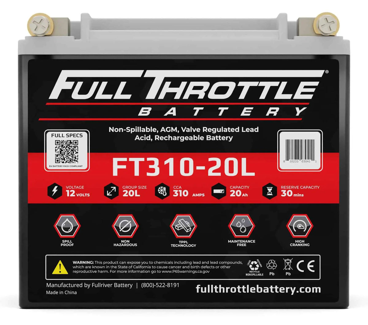 Front view of a Full Throttle FT310-20L battery with a label listing 12V, 310 cranking amps and 20Ah