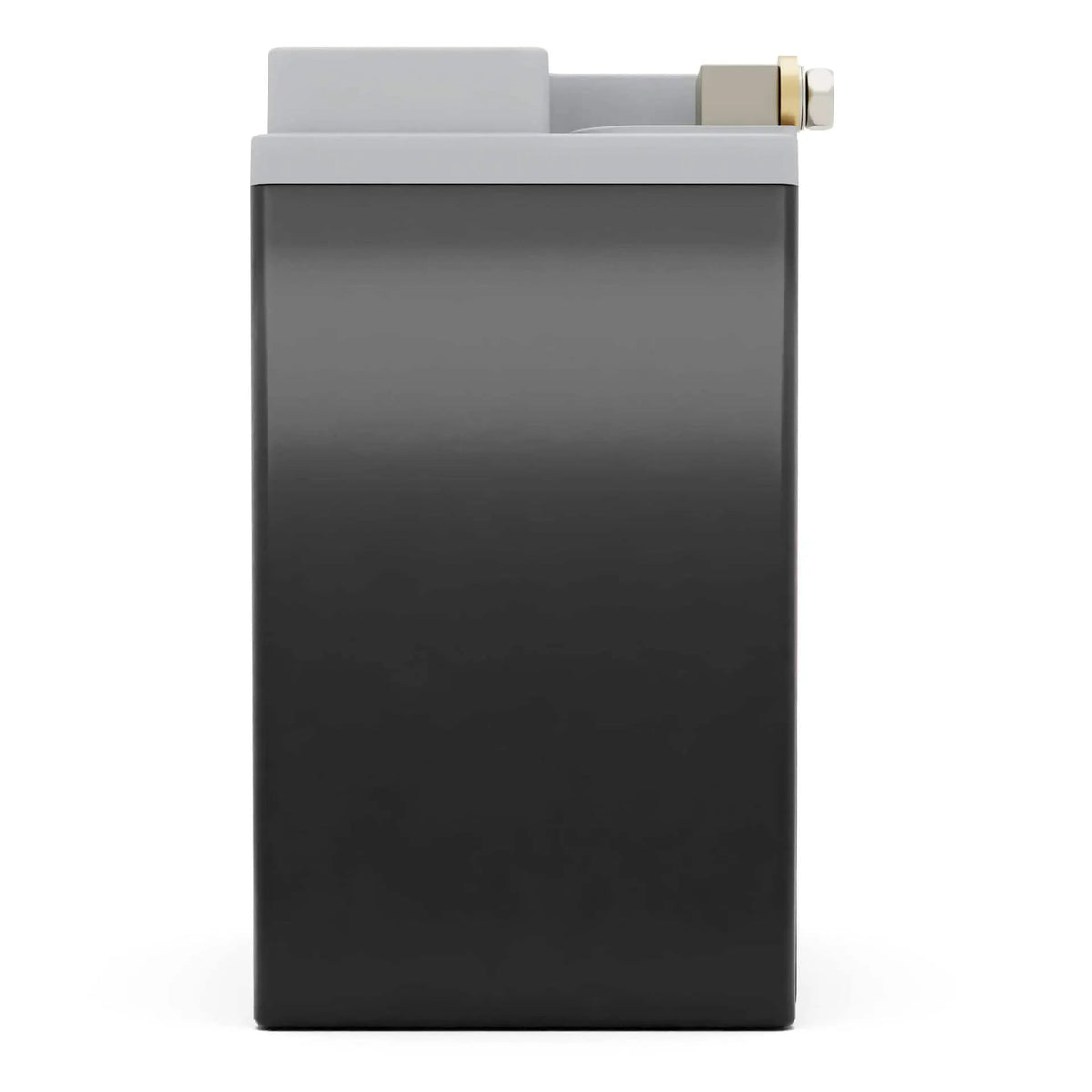 Unlabeled side view of a black battery case with a gray top and raised terminal